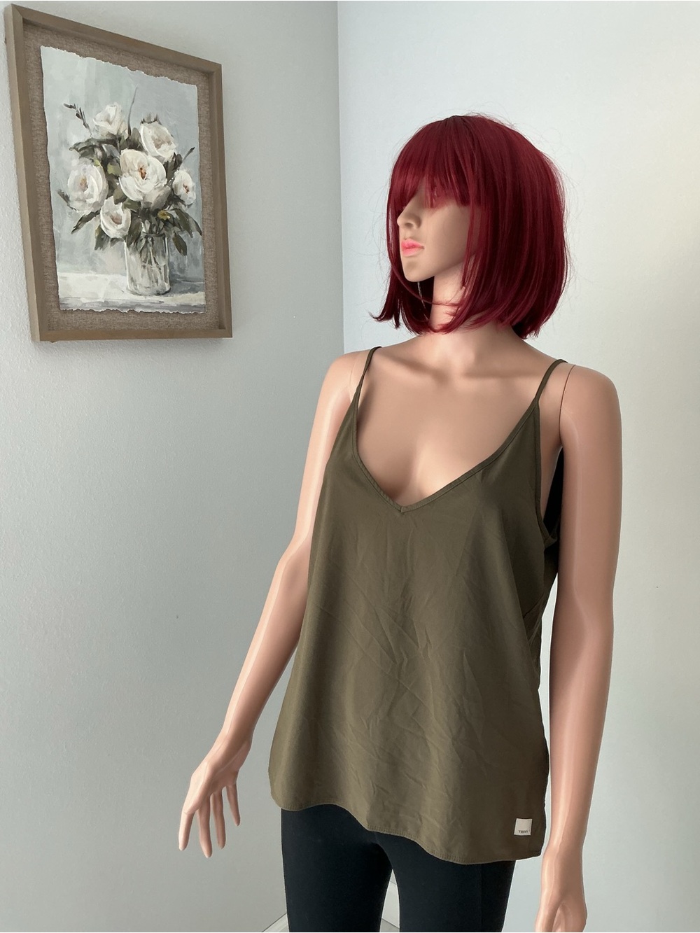 Vuori Villa Olive Dark Oregano Green Spaghetti Strap V-Neck Tank Top Cami